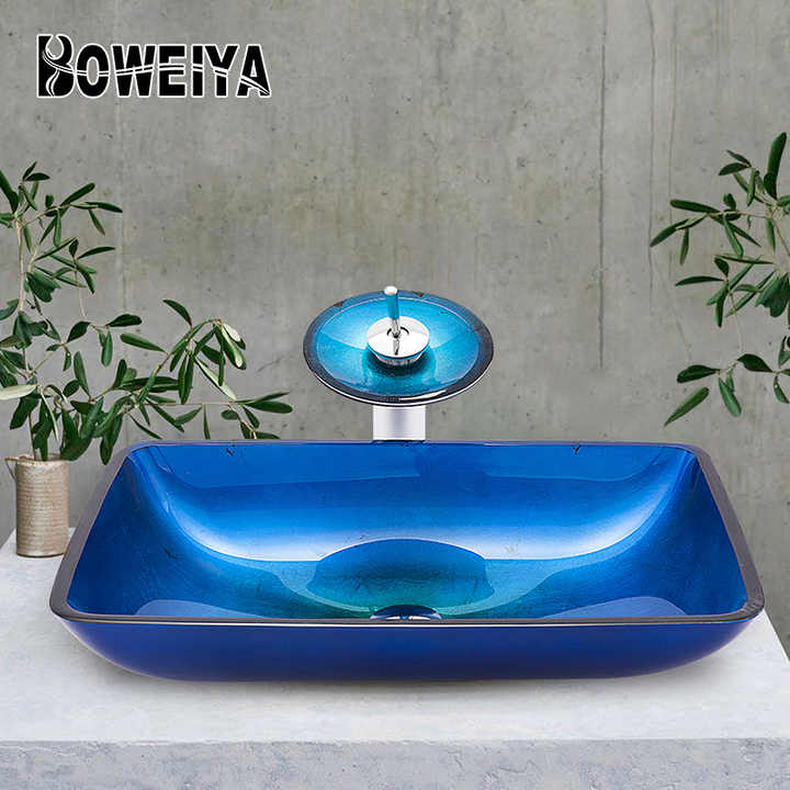 Tempered glass art wash basin with faucet and pop-up drain 