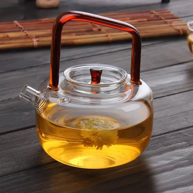 Ấm Pha Trà Thủy Tinh 650ml Tay Cầm Đỏ Chịu Nhiệt