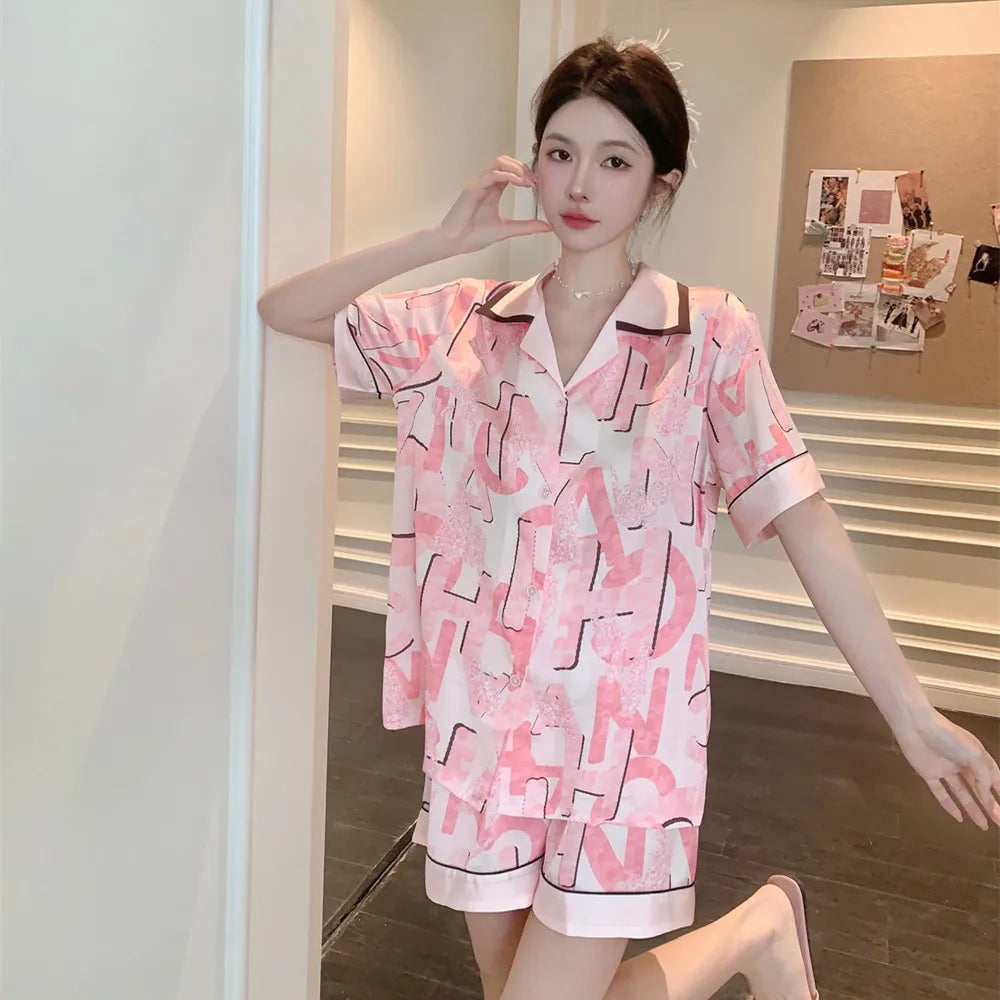 3-Piece Summer Silk Women's Pajamas Set with Printed Patterns