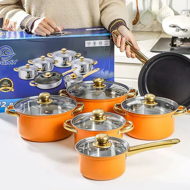 Bộ 12 Nồi Chảo Cam Inox Chống Dính Kèm Nắp