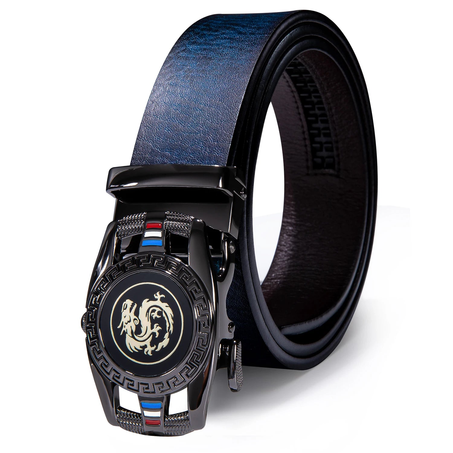 XXL Men's Automatic Dragon Hi-Tie Dark Blue Leather Belt