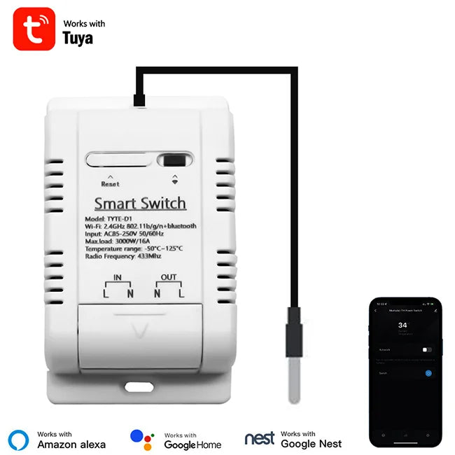 TUYA 16A Smart Switch WiFi Temperature Monitoring