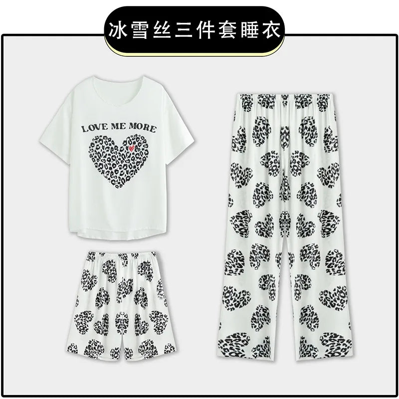 3-Piece Cool Silk Pajamas Set for Women with Cute Patterns