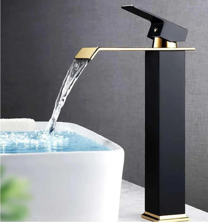 Basin Faucet Gold and Black Waterfall Faucet Brass Bathroom Wash Basin Mixer Tap Hot and Cold Water Vanity Vessel Sink Faucets - Daisan Mart