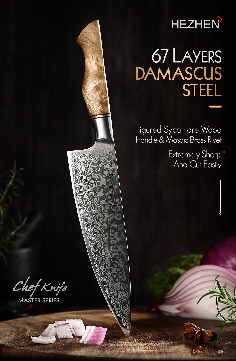 Dao Bếp HEZHEN 8.3 Lớp Damascus Siêu Sắc Nhật Bản