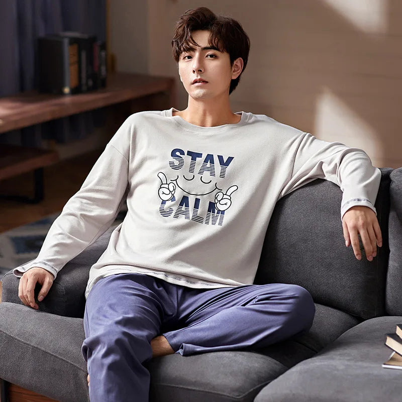 Men's Autumn Winter Cartoon Warm Striped Pajama Set