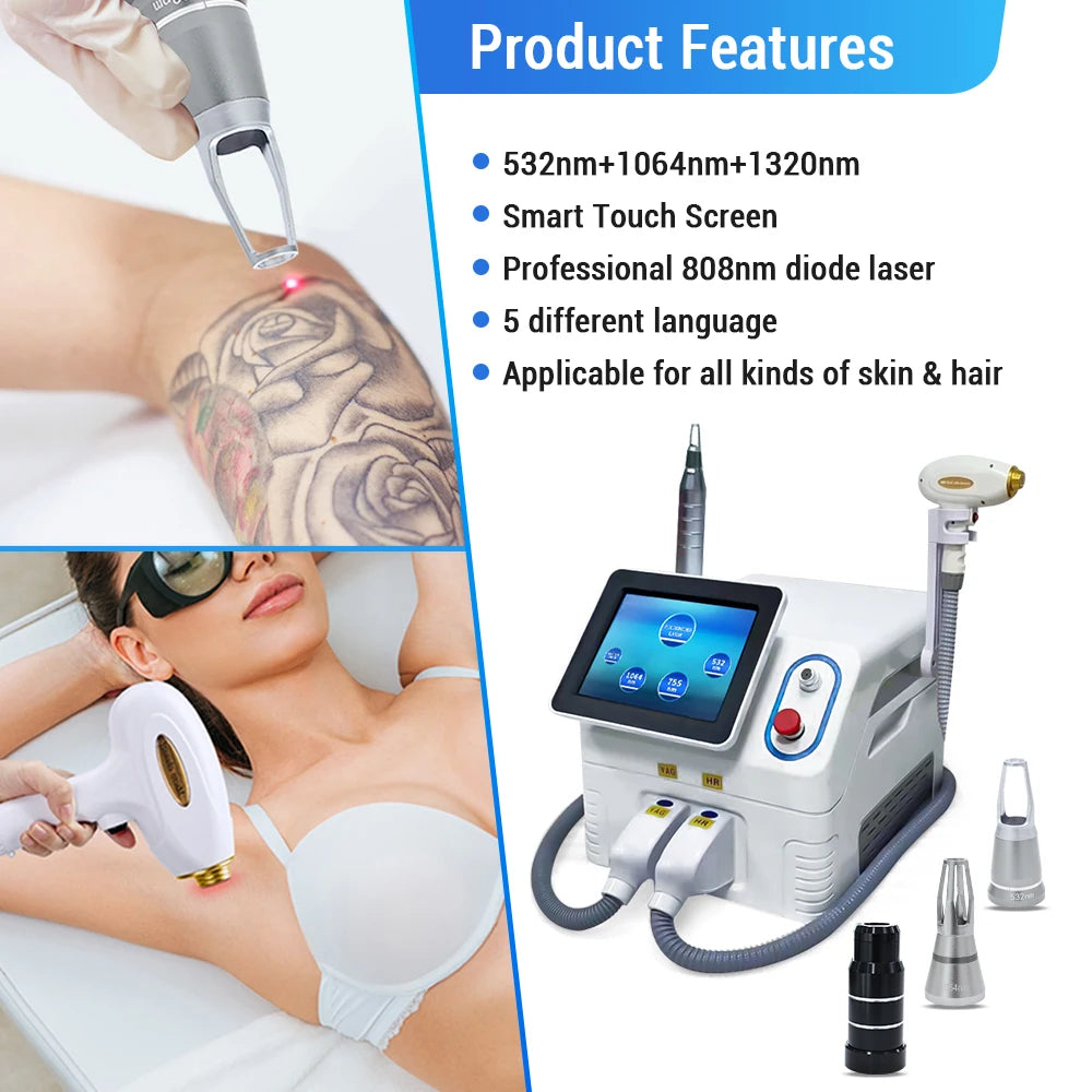 2025 Professional 2 in 1 Laser Hair Removal Machine Picosecond Q Switch ND YAG 1064NM Tattoo Removal 3 Waves Device
