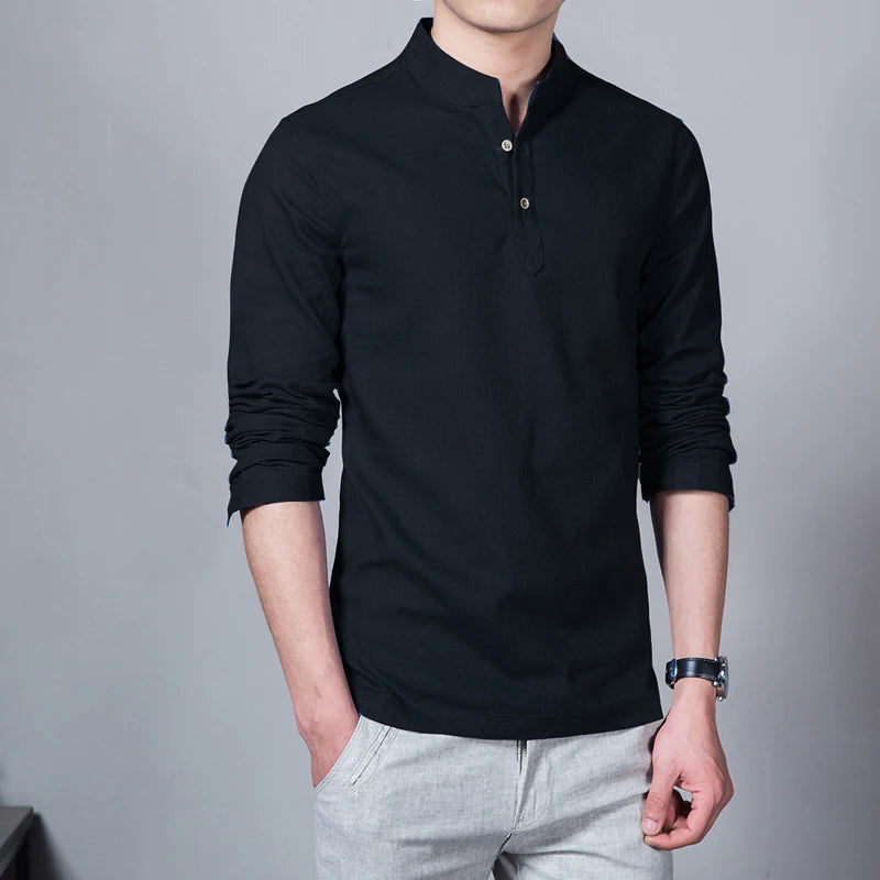 Men's Spring Shirt - Slimfit Stand Collar Linen Fabric