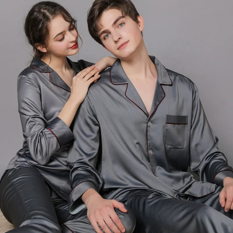 High-end luxury silk pajamas for men and women autumn and winter
