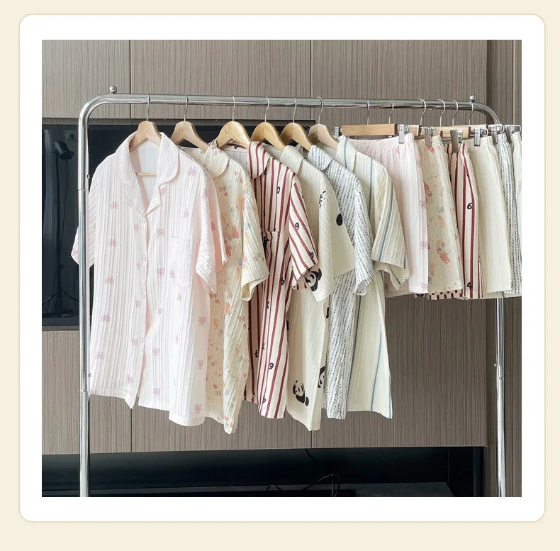 Bộ Đồ Ngủ Nữ Hè Cotton Kẻ Sọc Nơ Dễ Thương