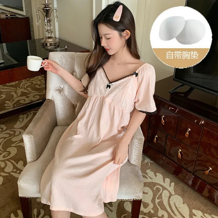 SAMWESTART cool cotton silk nightgown with lace bow and short sleeves