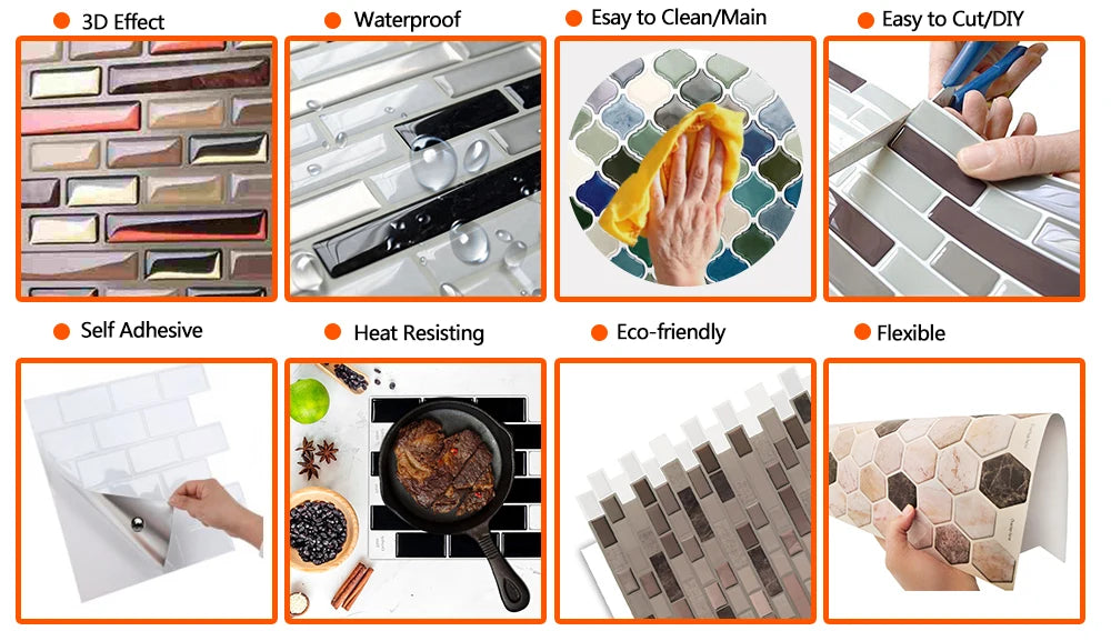 5PCS 3D Wall Tile Stickers Kitchen Backsplash Waterproof Heat Resistant Wallpaper 12x12 Inch Strong Adhesive for Home Decoration
