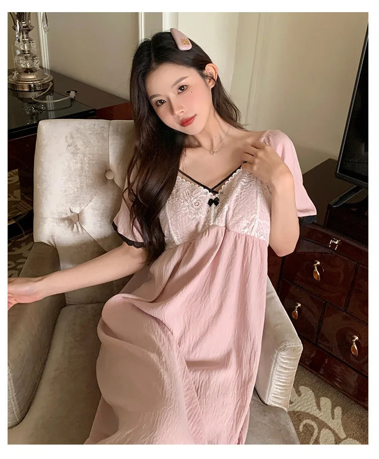 SAMWESTART cool cotton silk nightgown with lace bow and short sleeves