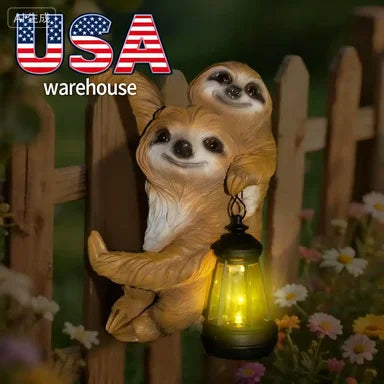 Vintage Sloth Wall Hanging Solar Chandelier - No Batteries Needed, Glass & Resin Garden Statue with Lantern