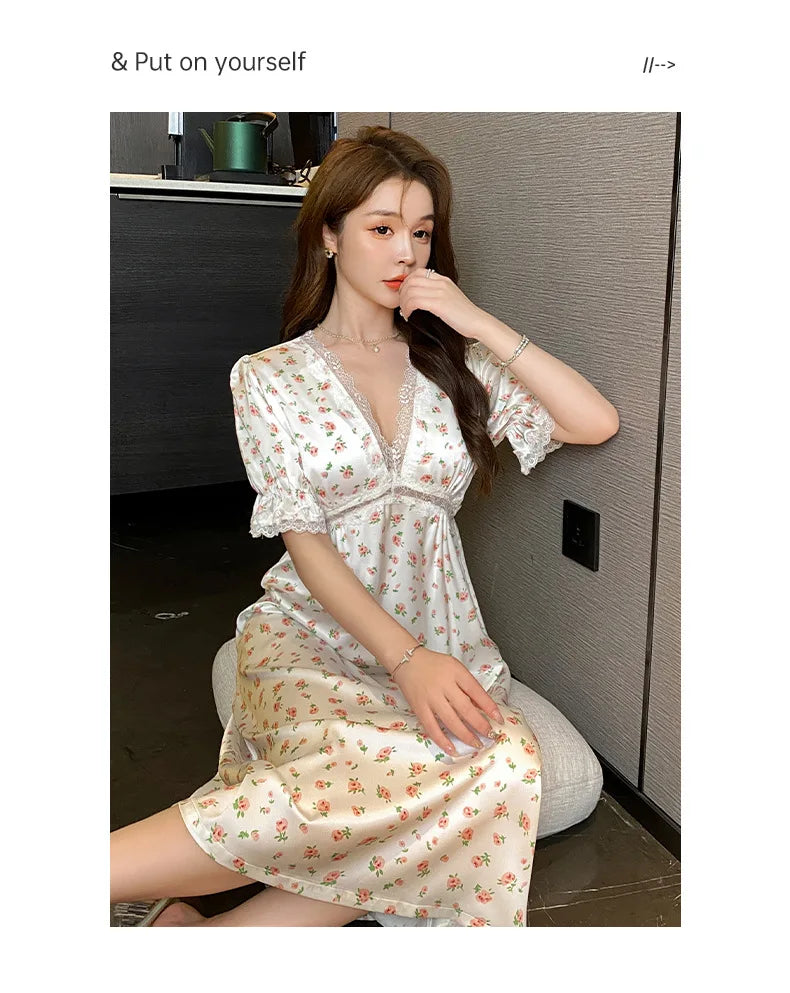 SAMWESTART Sweet and Cool Floral Summer Silk Nightgown