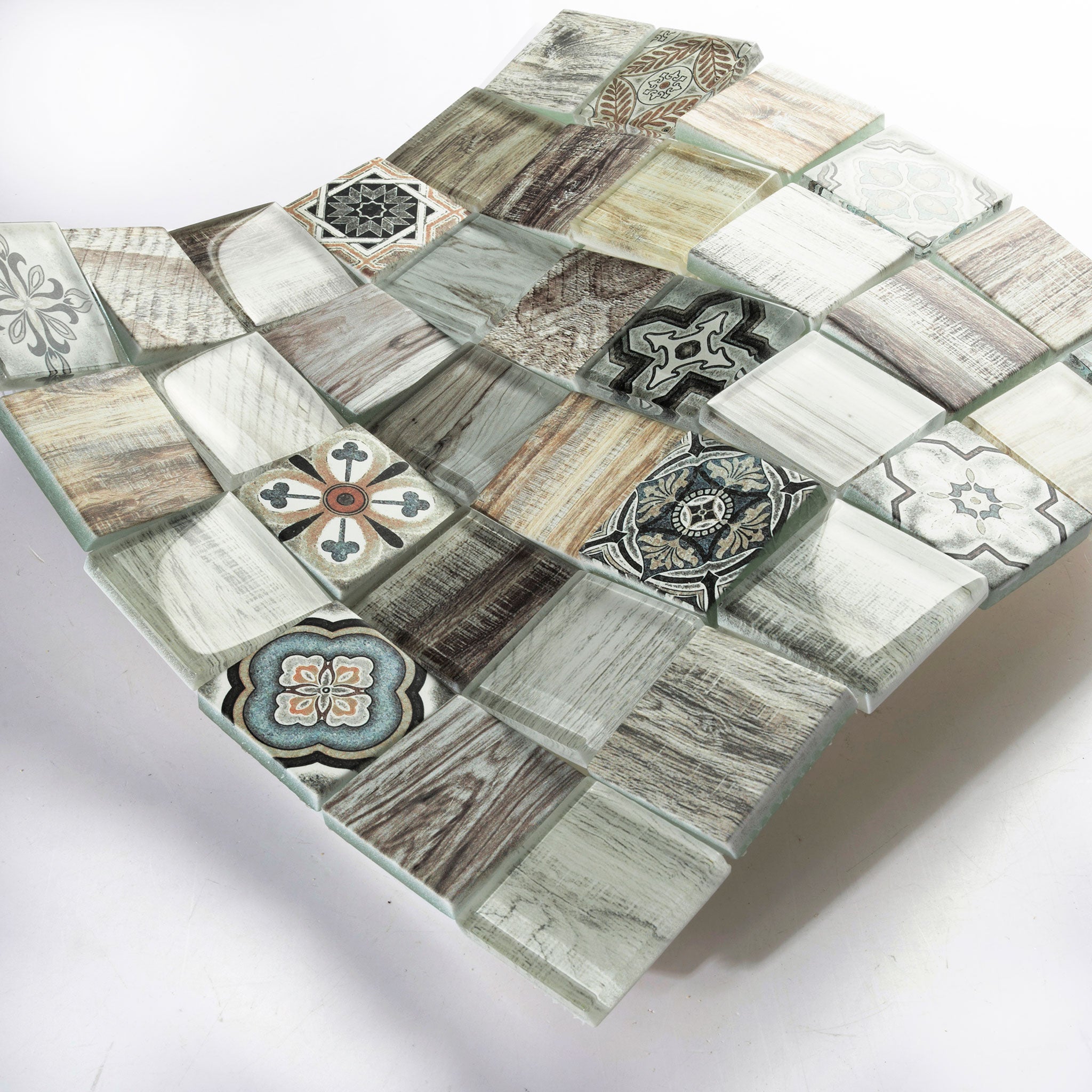 Modern style inkjet printed crystal wood glass mosaic wall tiles for kitchen, bathroom, living room, wooden floor design 