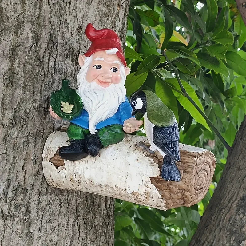 Charming Gnome Bird Feeder Statue - Resin Garden & Outdoor Decor, Tree-Mounted Sculpture for Home and Yard Art