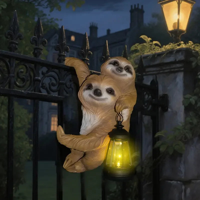 Vintage Sloth Wall Hanging Solar Chandelier - No Batteries Needed, Glass & Resin Garden Statue with Lantern