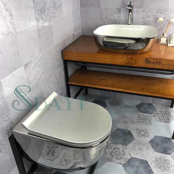 SDAYI modern rimless wall-hung toilet, new luxurious design, made of electroplated silver-white ceramic with built-in water tank 