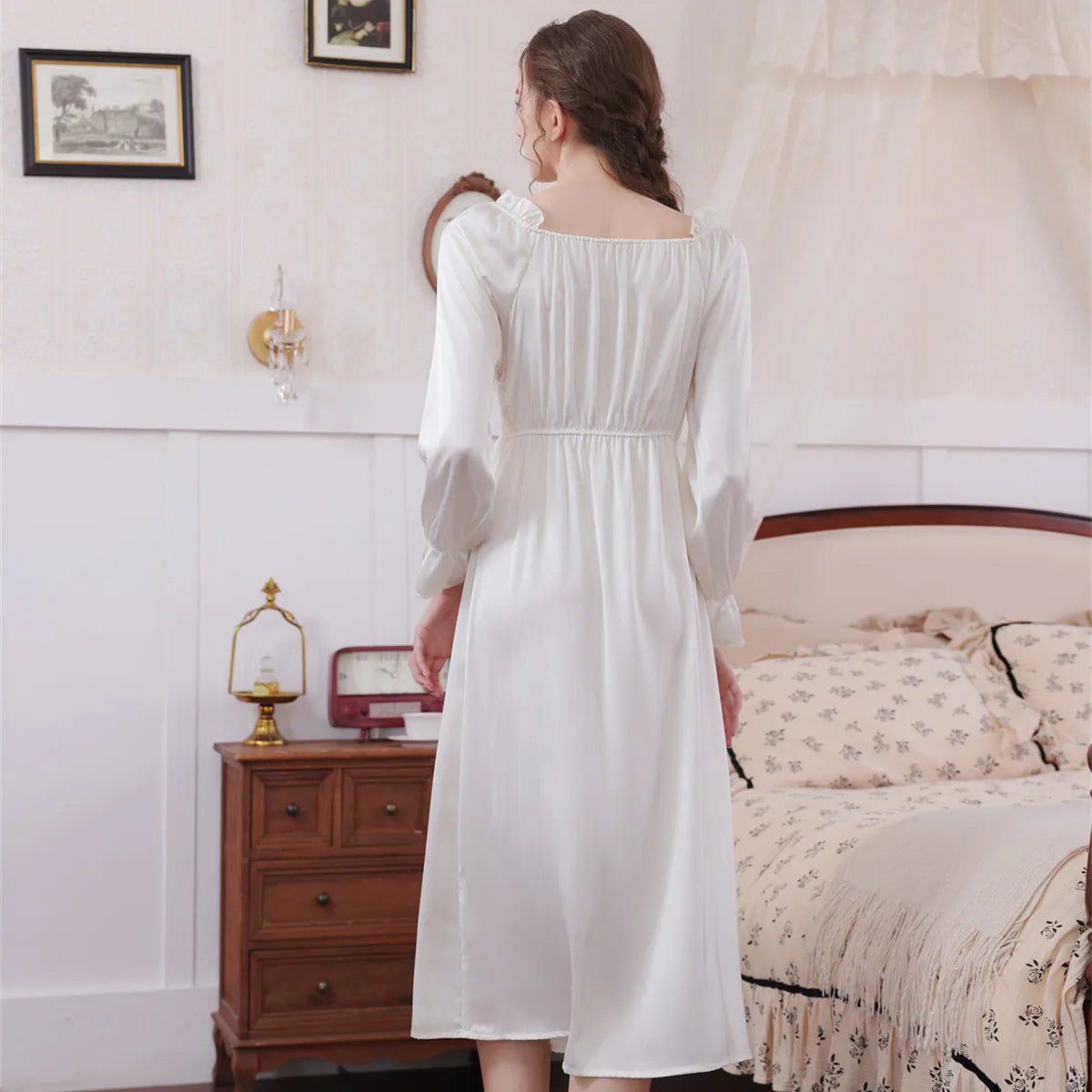 Elegant Nightgown with Soft Square Neck Long Sleeve Lace
