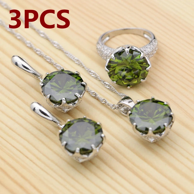 925 Silver Jewelry Set with Olive Green Stone for Women