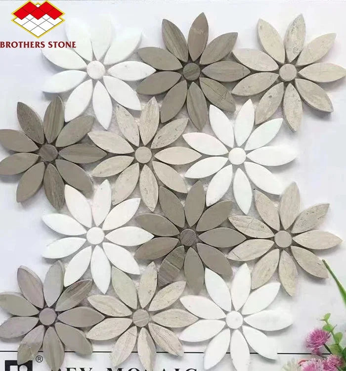 Modern Brown White Waterjet Flower Shape Marble Stone Mosaic Daisy Pattern Backsplash for Interior Wall Graphic Design Wall - Daisan Mart