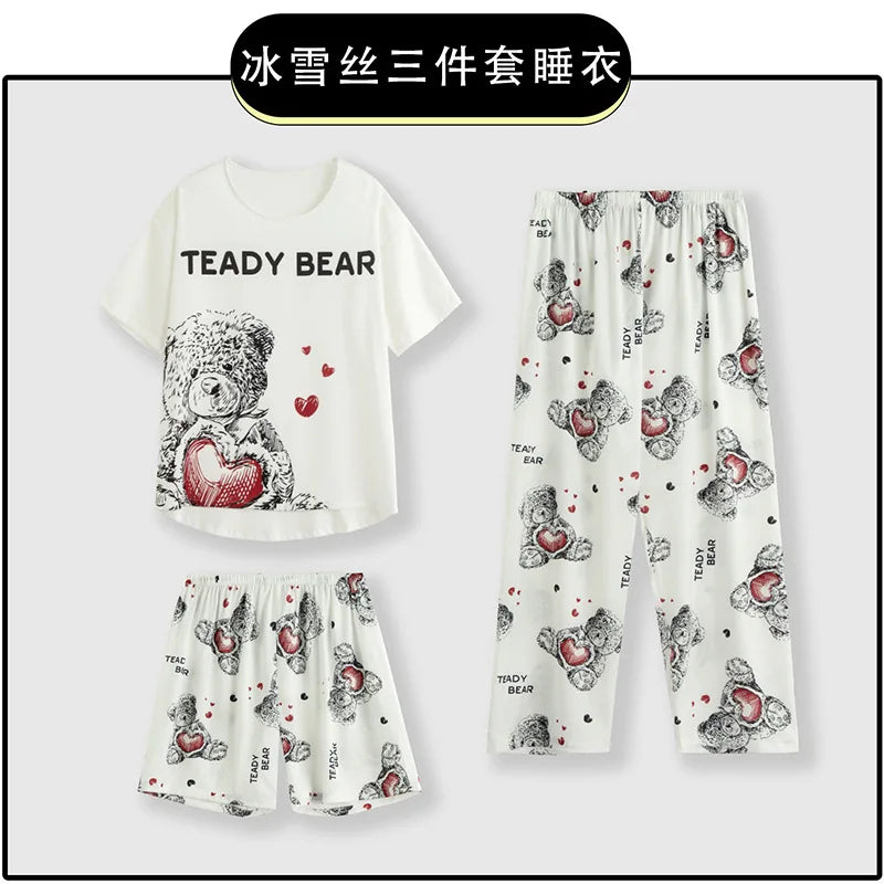 3-Piece Cool Silk Pajamas Set for Women with Cute Patterns