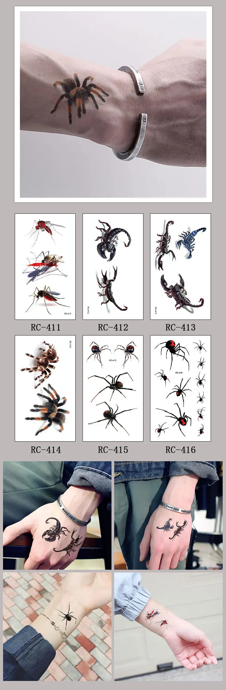 3D Spider Tattoo Scorpion Temporary Tattoo Stickers For Halloween Fake Tatto Body Art Tatuajes Joke Tatouage Temporaire