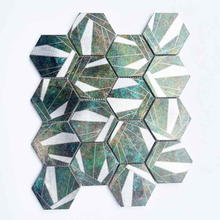 Modern style green hexagon mosaic tiles for kitchen, living room, bathroom, interior wall decoration, graphic design solution available 