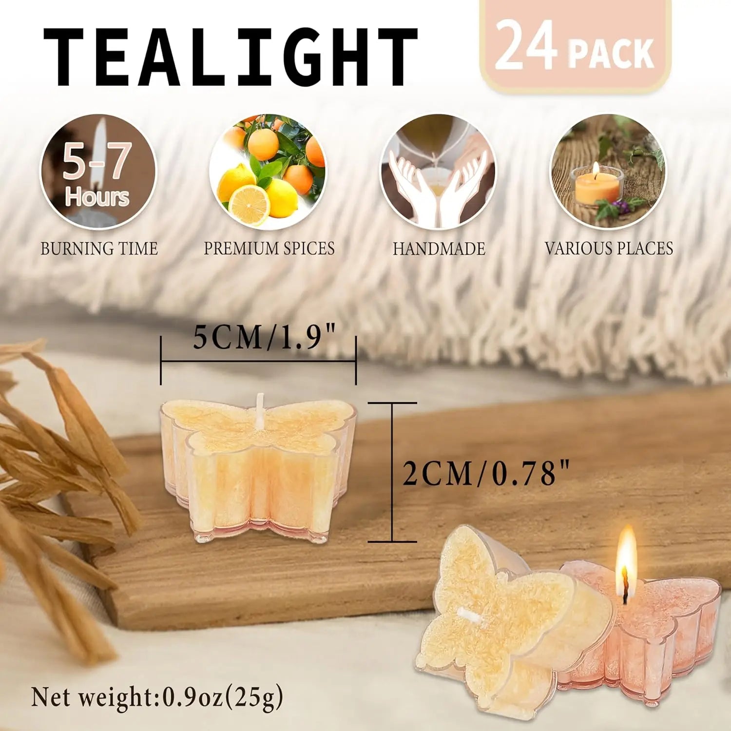 24-Pack Lemon Orange Scented Yellow Butterfly Shaped Tealight Candles Clear Cup Colored Votives for Spa Home Decor 7 Tea Lights