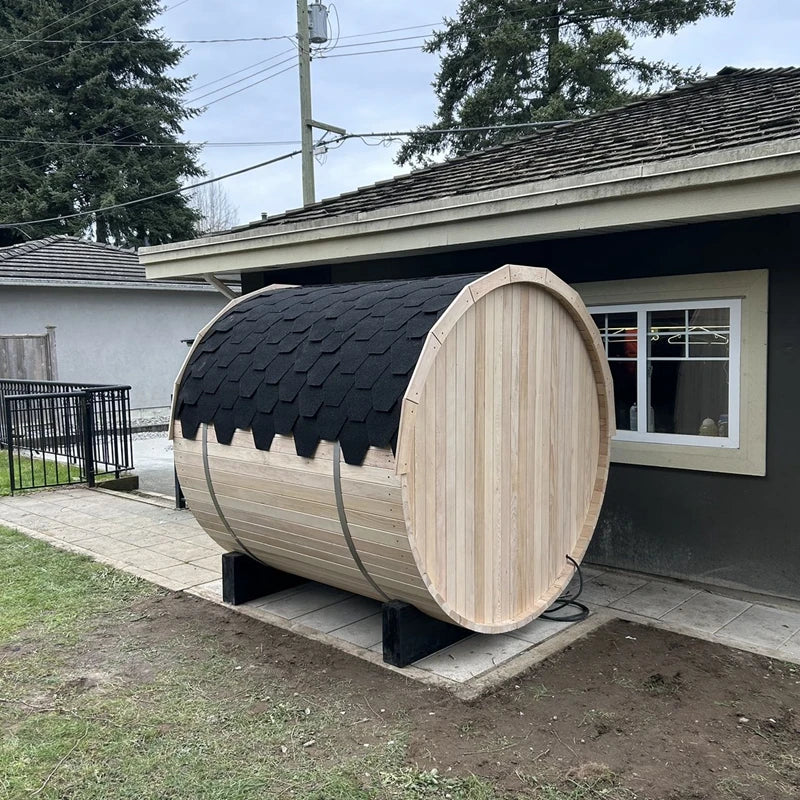 HELIUS Ready 6 person cheap outdoor red cedar steam sauna traditional electric heater barrel sauna with half glass and porch