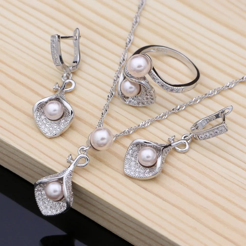 Elegant 925 Silver Pearl Wedding Jewelry Set