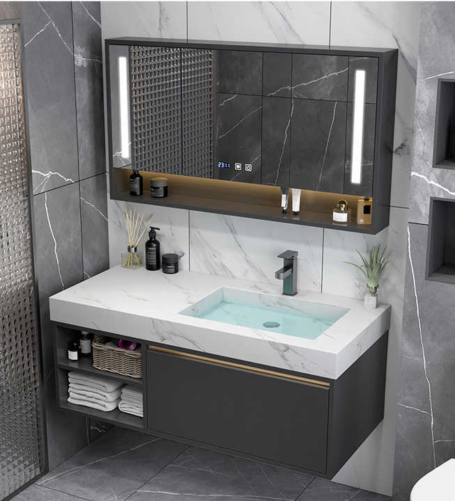 Chaozhou Manufacturer Smart Mirror Design Bathroom Furniture with One-piece Sink 