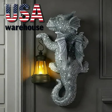 Solar- Dragon Tree Hugger Garden Statue - Glowing Resin Dragon Figurine Night Light with Solar Lantern, Outdoor/ Wall/Fence - Daisan Mart