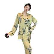 Women's Silk Pajama Set Fall 2024, Left-Hand Print Blue Collar