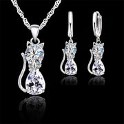 925 Silver Jewelry Set - Cute Cat with Austrian Crystal