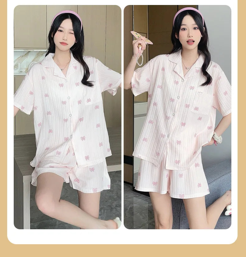 Bộ Đồ Ngủ Nữ Hè Cotton Kẻ Sọc Nơ Dễ Thương