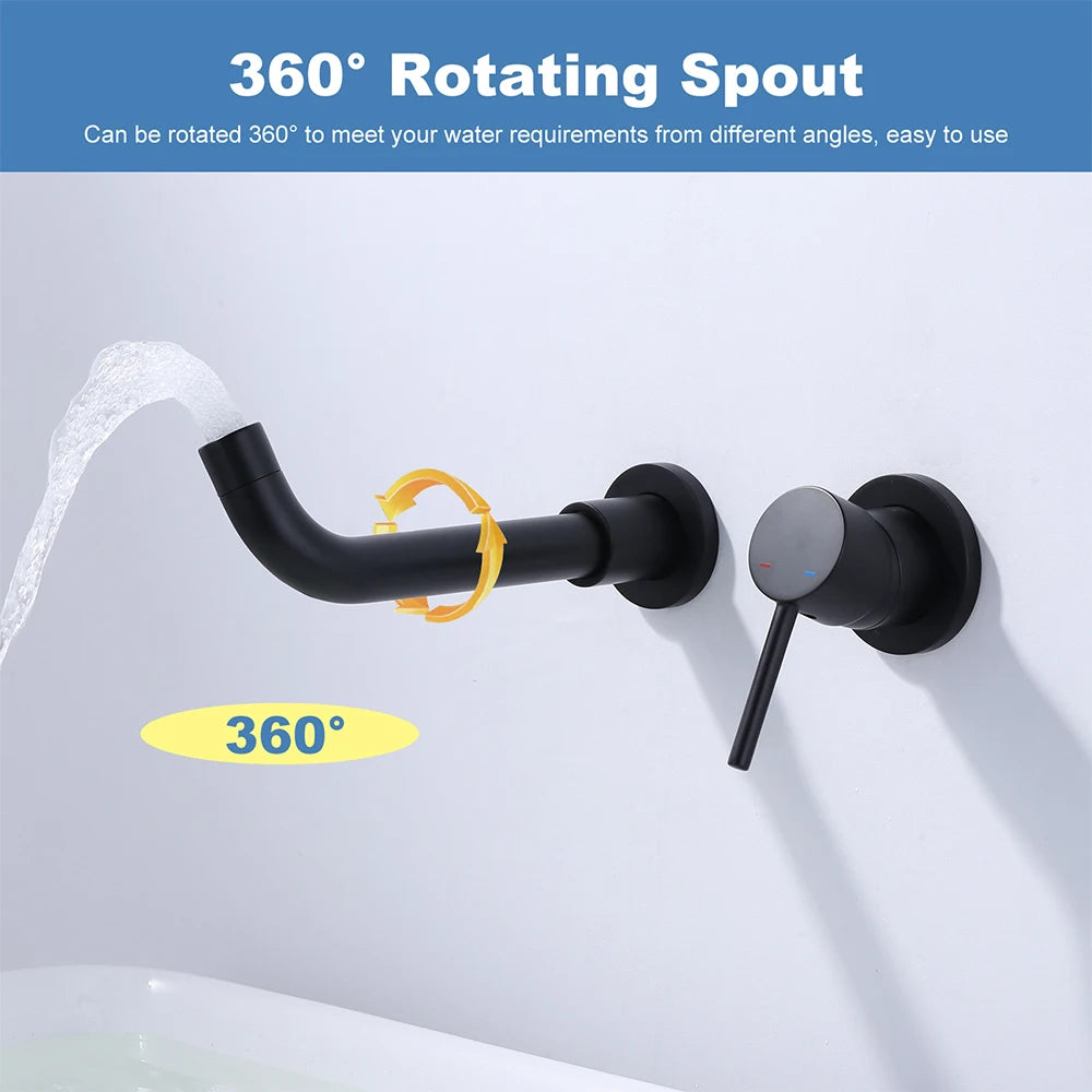 Matte Black Wall Mount Bathroom Sink Faucet with Swivel Spout&Solid Brass Valve, Single Lever Handle Basin Faucets Mixers Tap - Daisan Mart