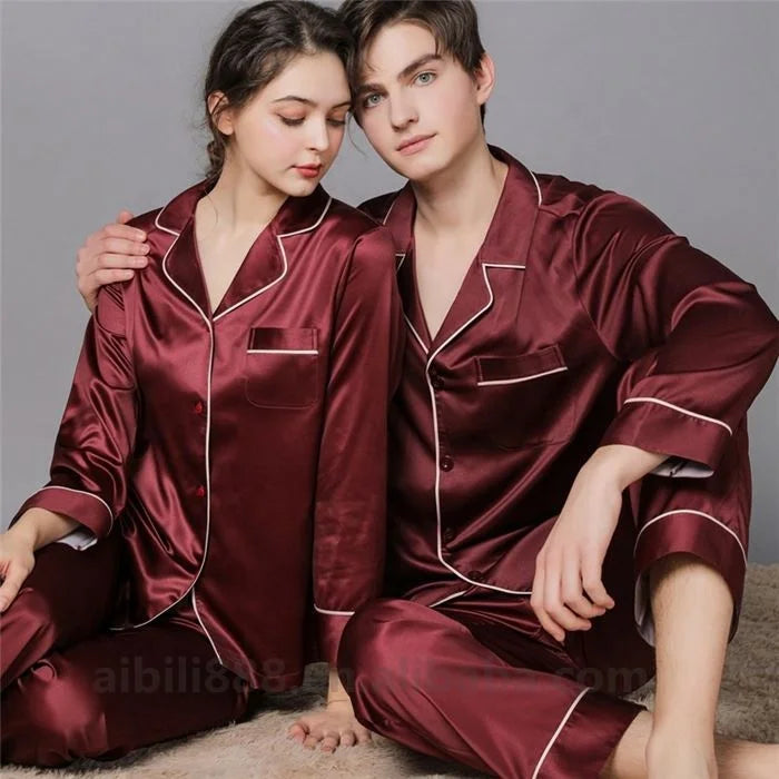 High-end luxury silk pajamas for men and women autumn and winter