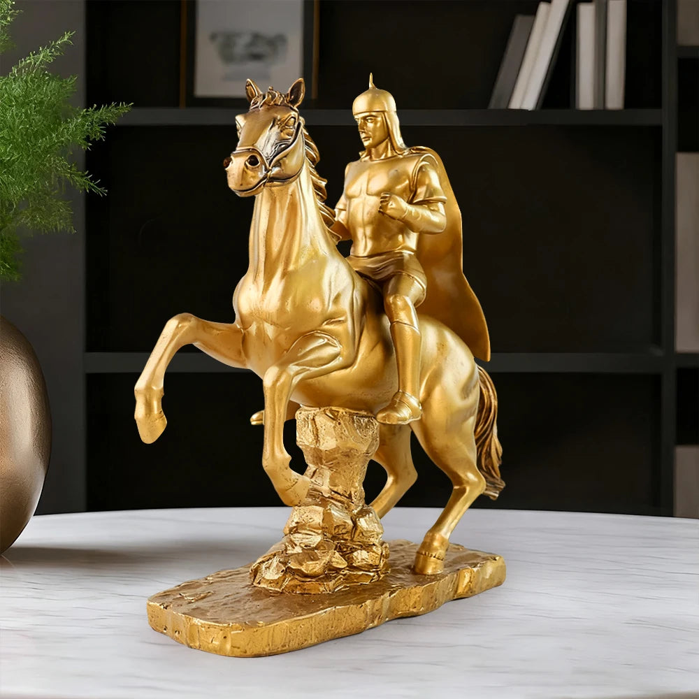 US Stock Golden Knight on Horseback Resin Statue, Medieval Warrior Home Decor - Daisan Mart
