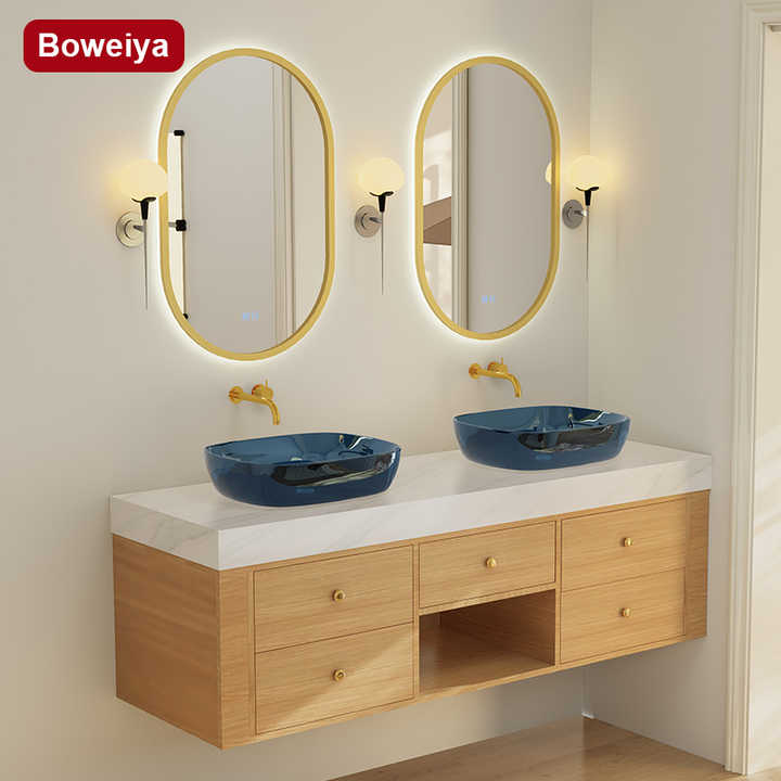 Wooden style bathroom cabinet with glass toilet on table slate sink integrated cabinet 