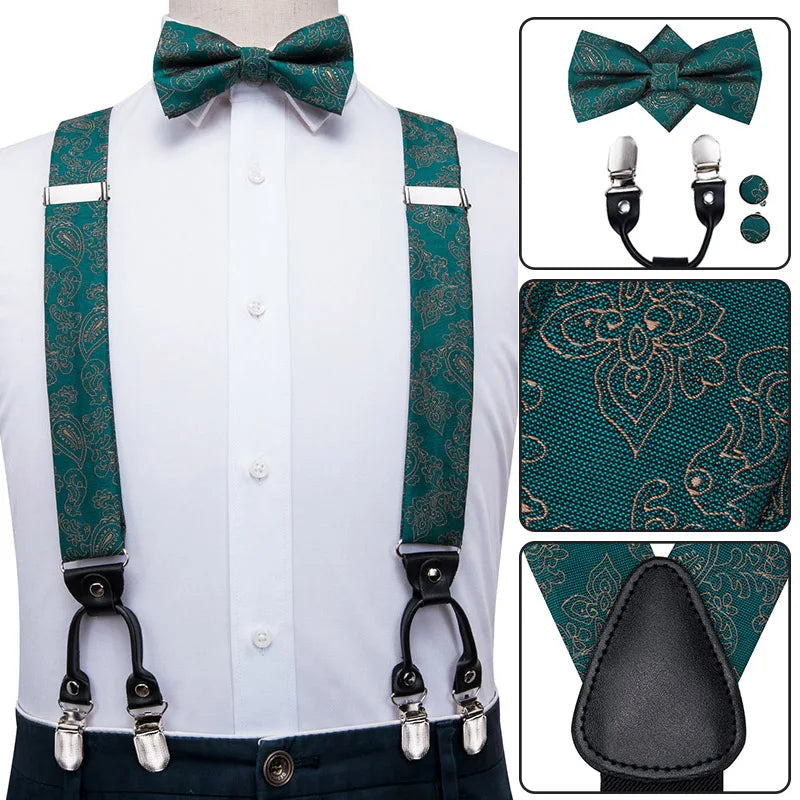 高品質男士紅色花朵絲綢皮革蝴蝶結及皮帶套裝，含6個夾子