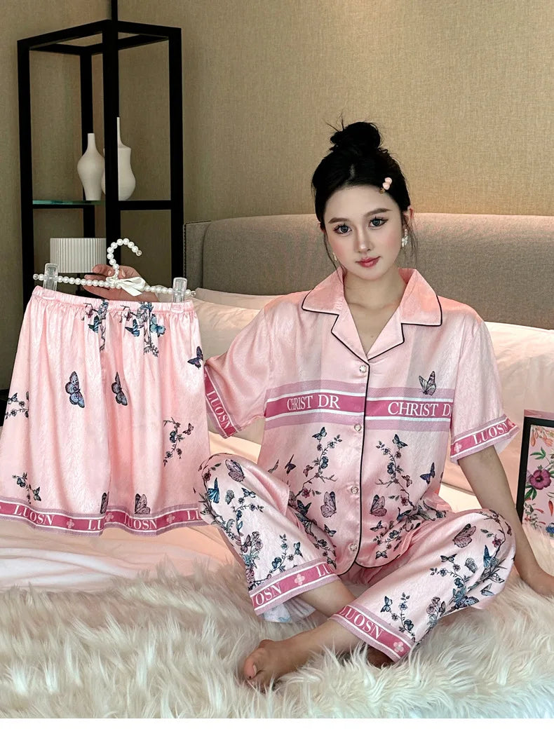 SAMWESTART 3-Piece Summer High-Quality Cool Silk Pajamas for Women