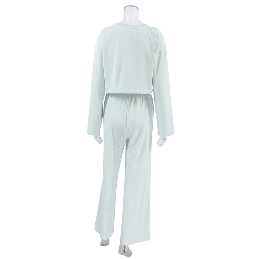 QINSI Autumn Stripe Cotton Pajamas for Women Lace up Full Sleeves Short Top Wide Leg Pants Pajama Sets Blue Soft Pijamas Woman