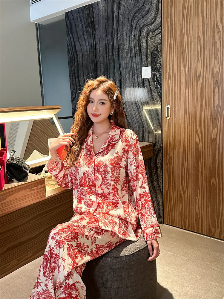 SAMWESTART Women's Spring Summer Ink Print Ice Silk Pajamas