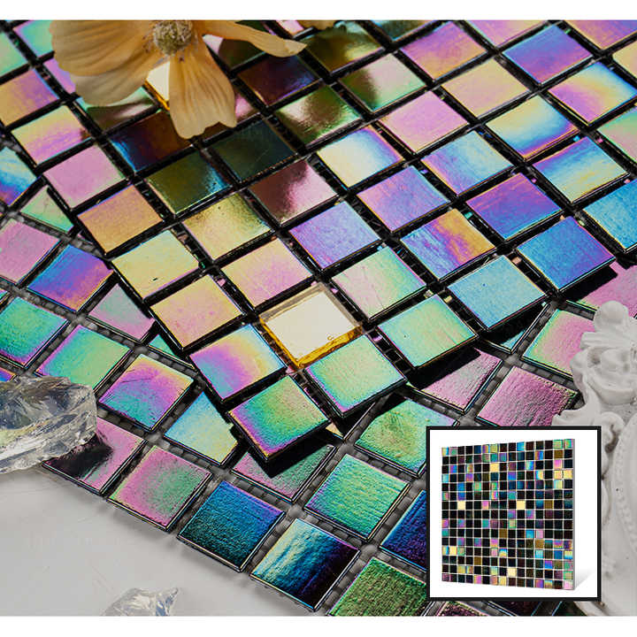 Luxurious 4mm thick iridescent colored glass mosaic tiles for bathroom wall decoration, swimming pool, outdoor pool, rainbow idea 