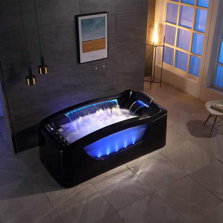 Modern Bathroom 2 Person Black Acrylic Bathtub &amp; Massage Therapy Jacuzzi Glass Jetted Tub 