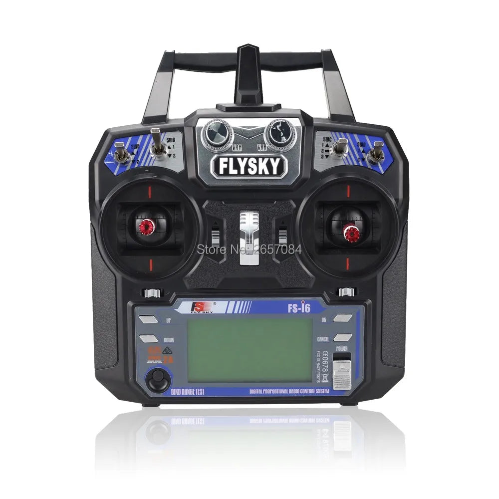 Điều khiển từ xa màu đen Flysky FS-i6, màn hình LCD xanh, nút điều chỉnh và cần gạt đỏ.