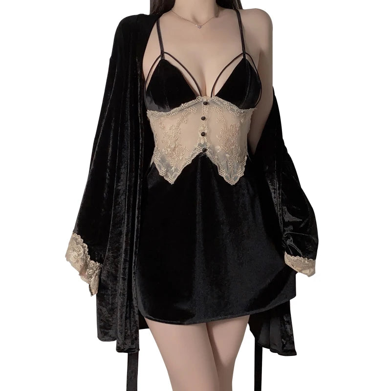 Sexy French Velvet Nightgown with Padded Straps, Half Sleeves, Spring Autumn