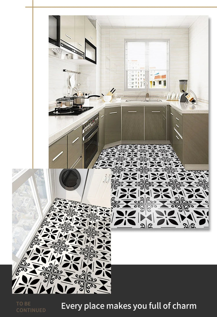 Classic European Black And White Tile Floor Stickers 3D Adhesive Kitchen Corridor Decoration Wallpaper Waterproof